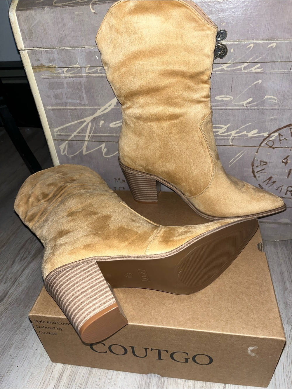 Coutgo Women's Tan Suede Pointed Toe Western Block Heel Boots - Picture 4 of 9